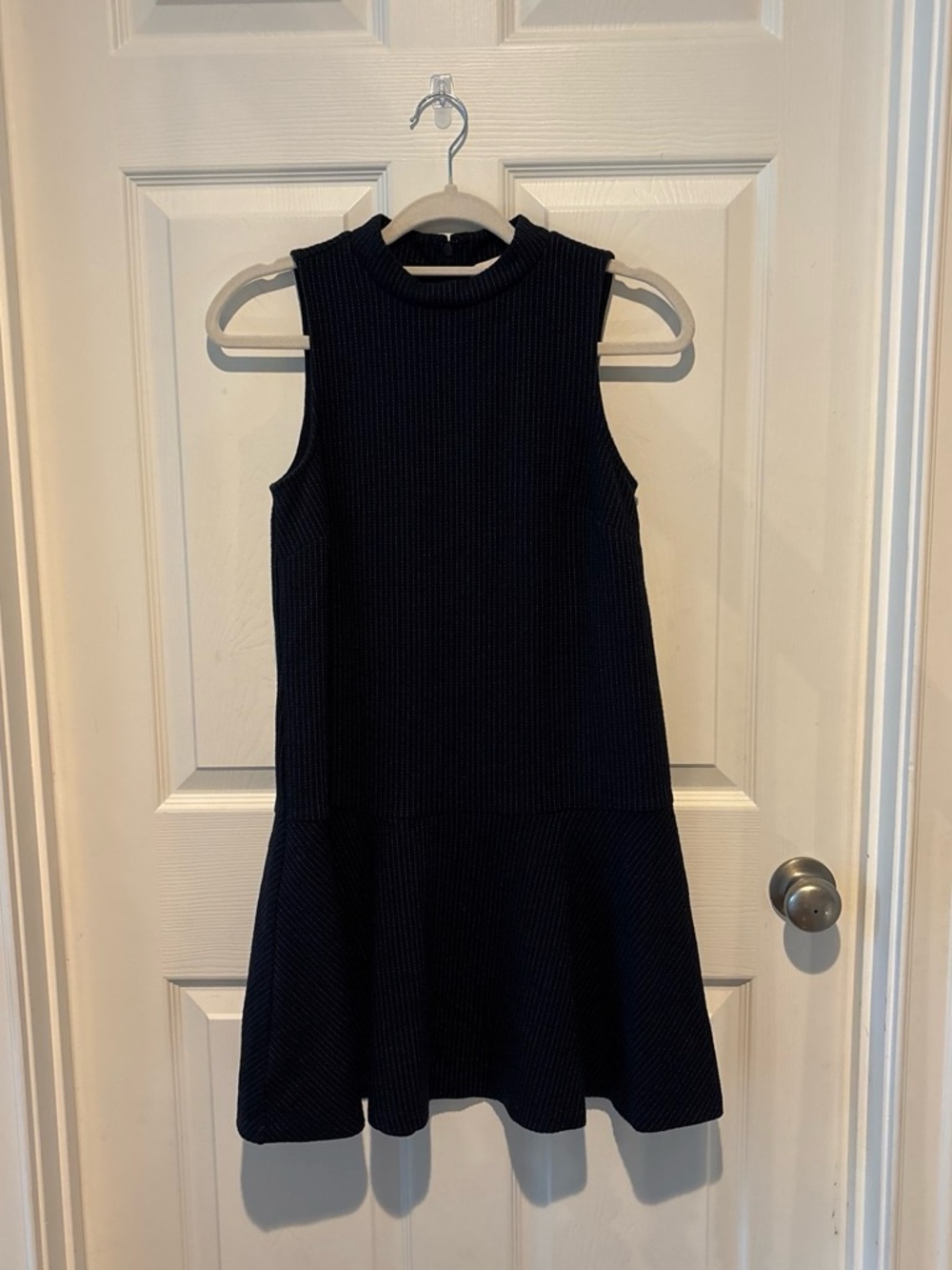 LOFT Navy Textured Shift Dress with Pinstripe Detail
